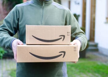 Soest, Germany January 14, 2019: Man delivers Amazon Prime pa