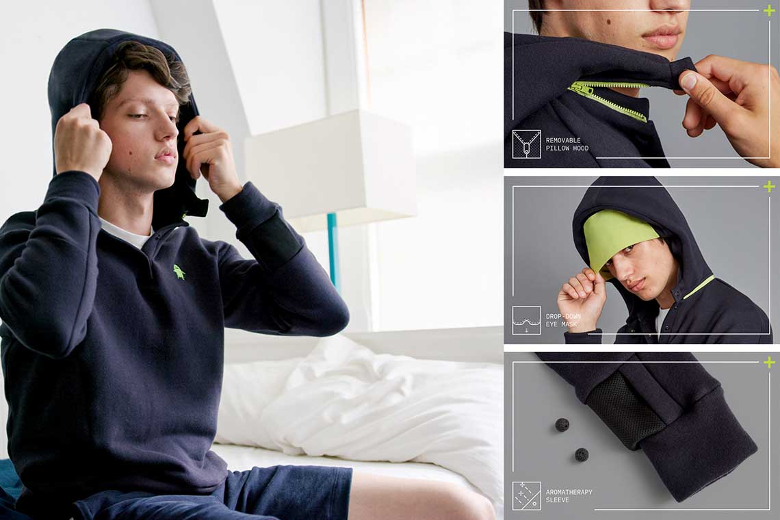 A hoodie with a built in eye mask for cozy, comfortable naps.