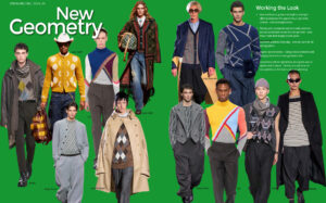 The cover of a fashion magazine with men walking down the street.