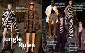 A fashion magazine with a picture of a woman in a leopard print dress.