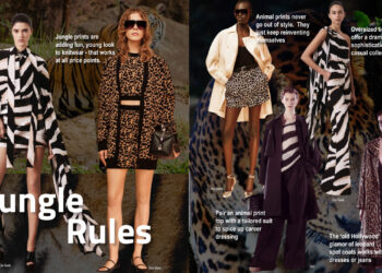 A fashion magazine with a picture of a woman in a leopard print dress.